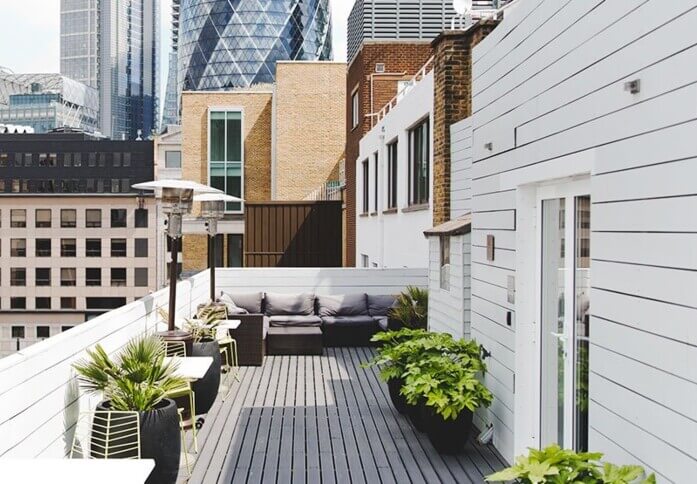 The roof terrace at Lloyds Avenue, The Office Group Ltd. (FORA) in Fenchurch Street