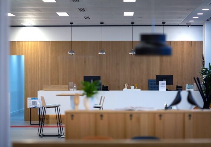 Reception area at Cabot Square, Regus in Canary Wharf