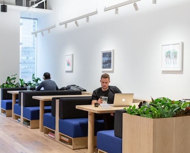 Breakout area at Churchill Place, WeWork in Canary Wharf, E14, London